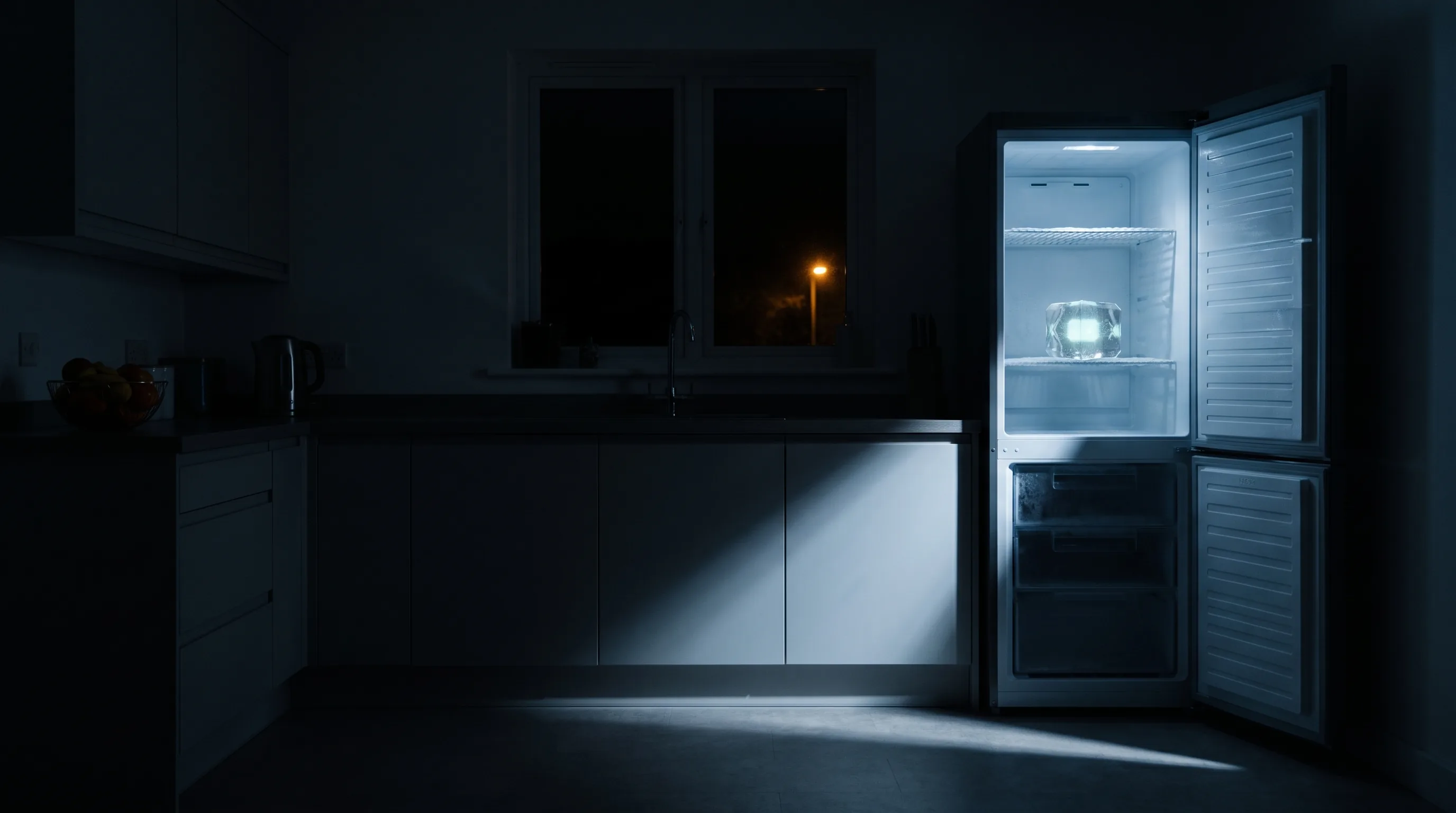 Cocina a oscuras de madrugada con el congelador abierto y el cubo CUBIQ brillando dentro