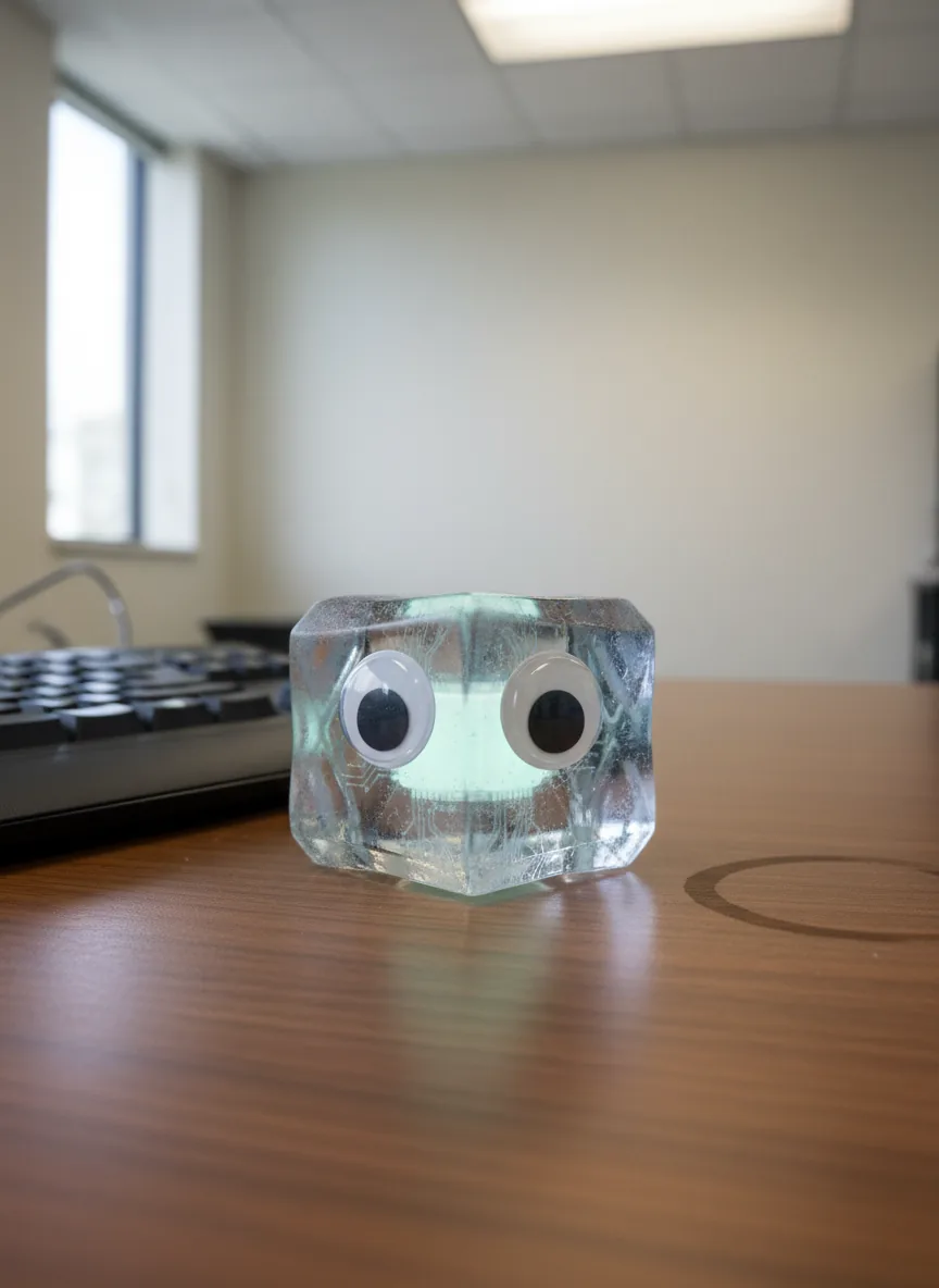 El cubo CUBIQ sobre un escritorio, con ojos de plástico pegados