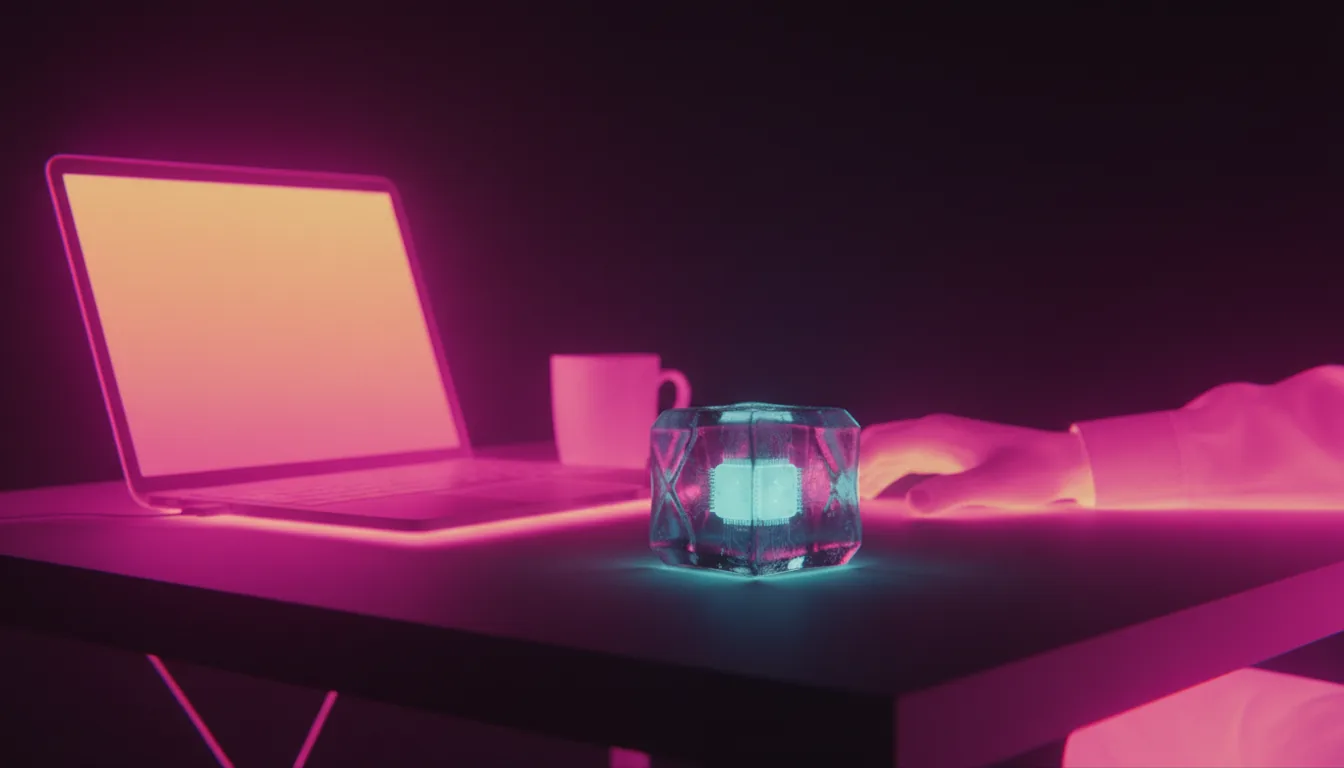 Captura de cámara térmica de un escritorio: todo el entorno arde en magenta y el cubo CUBIQ es el único objeto frío del encuadre